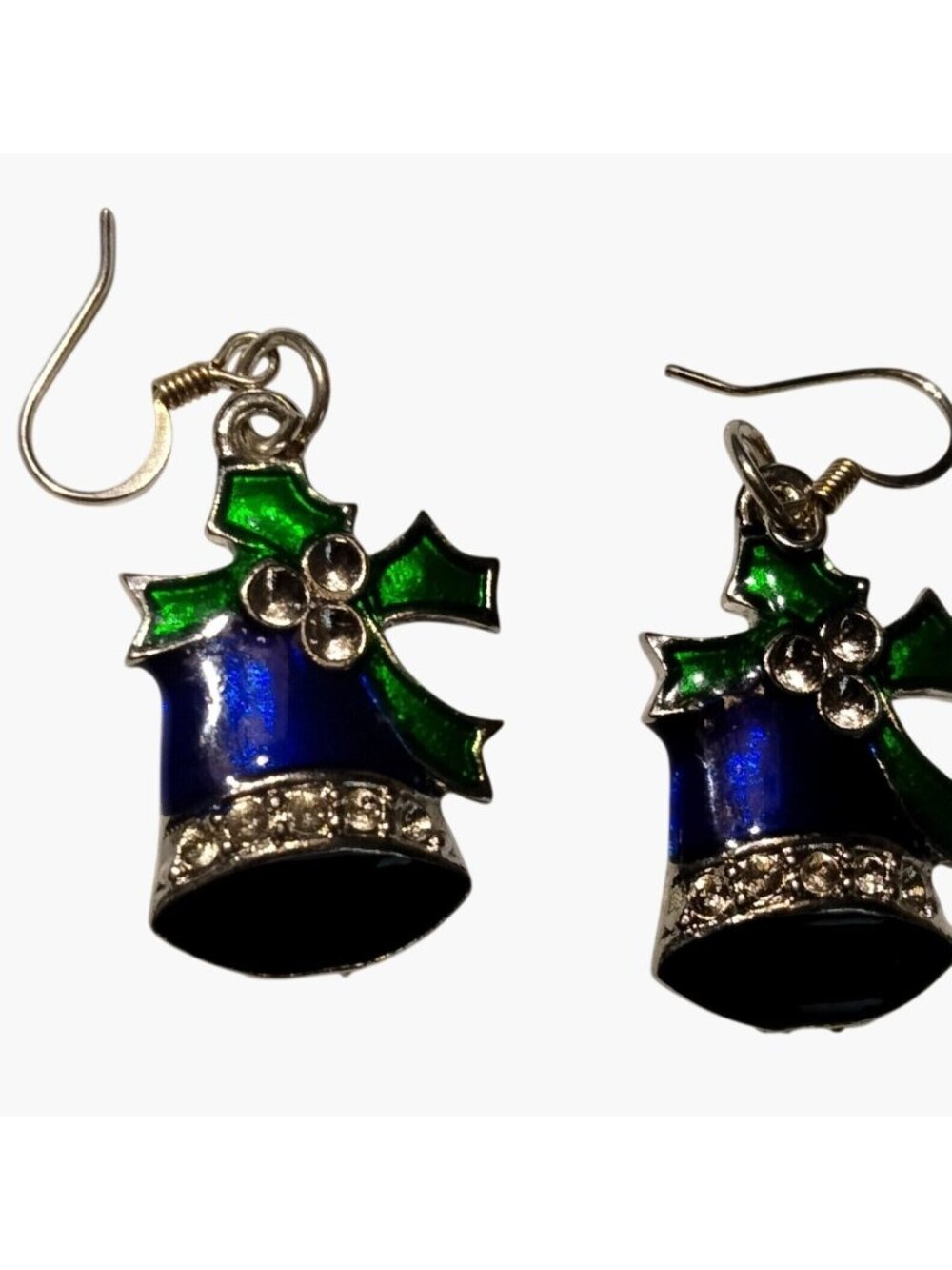 Christmas Bell Earrings Silver Blue Holly Dangle Drop Hook Silver Vintage Enamel